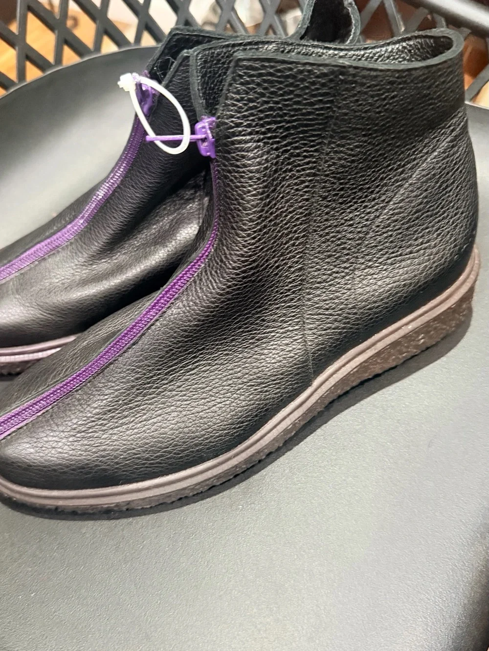 Arche Black Leather Ankle Boots with Purple Center Zipper